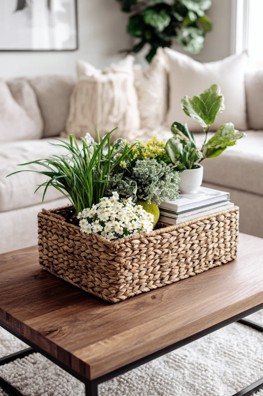 Woven rattan basket on a coffee table filled with lush green ferns and small white spring flowers.