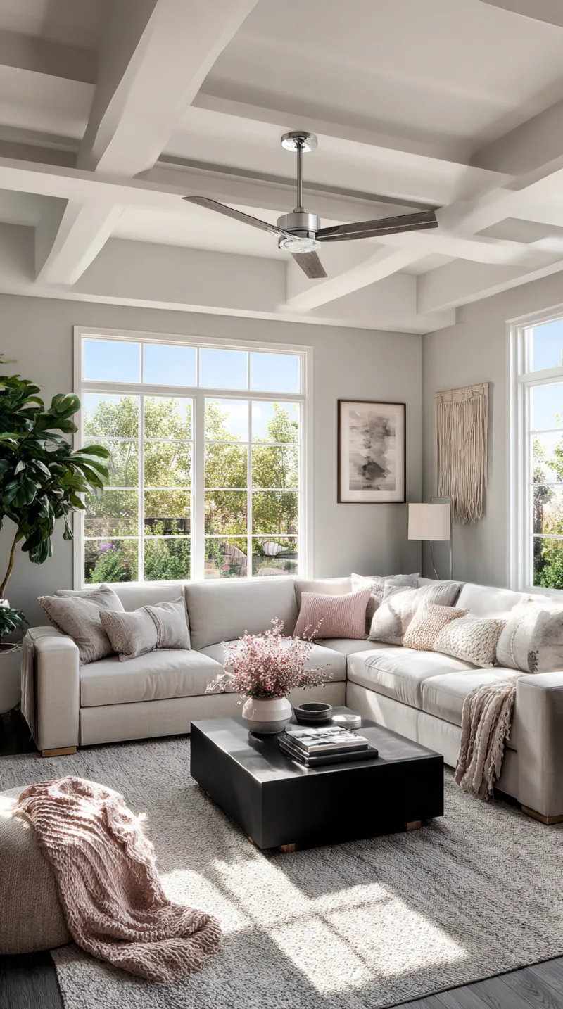 Sleek matte black ceiling fan with an integrated LED light kit in a modern white living room.