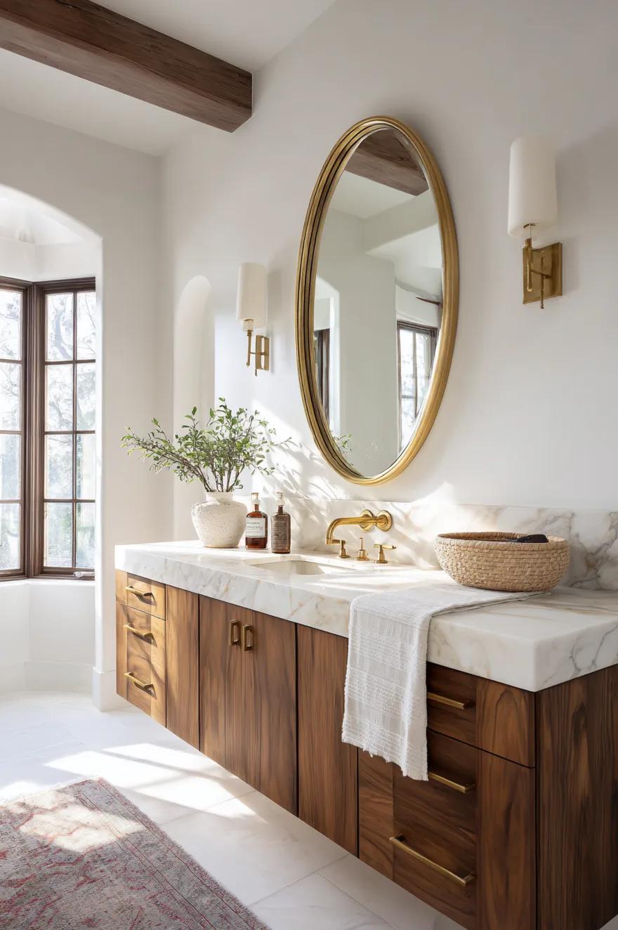 A bathroom vanity featuring dark walnut wood cabinets and a white marble countertop, paired with brass hardware, a wall mounted sconce, and a large oval brass mirror.