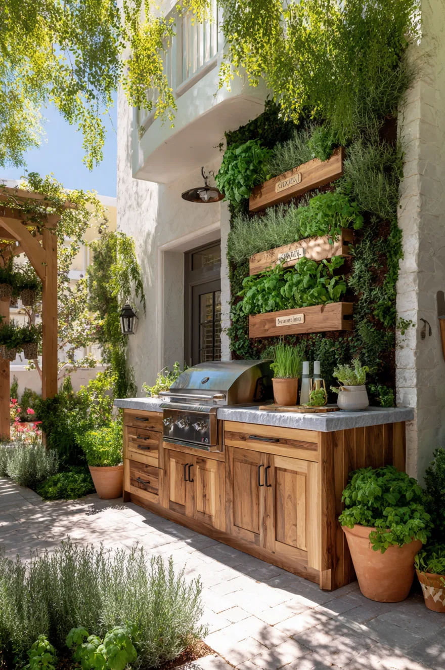 Dark wood vertical herb wall with small terra cotta pots and labeled metal markers next to a grey outdoor kitchen with concrete countertops.