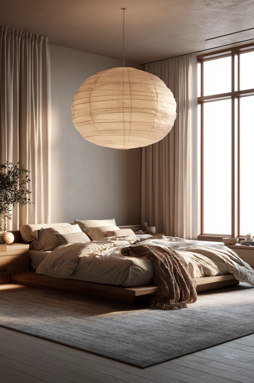 Large oversized round paper lantern pendant lamp hanging over a low light-wood platform bed with rumpled neutral beige linen sheets, framed by long floor-to-ceiling cream drapes and a wide window.