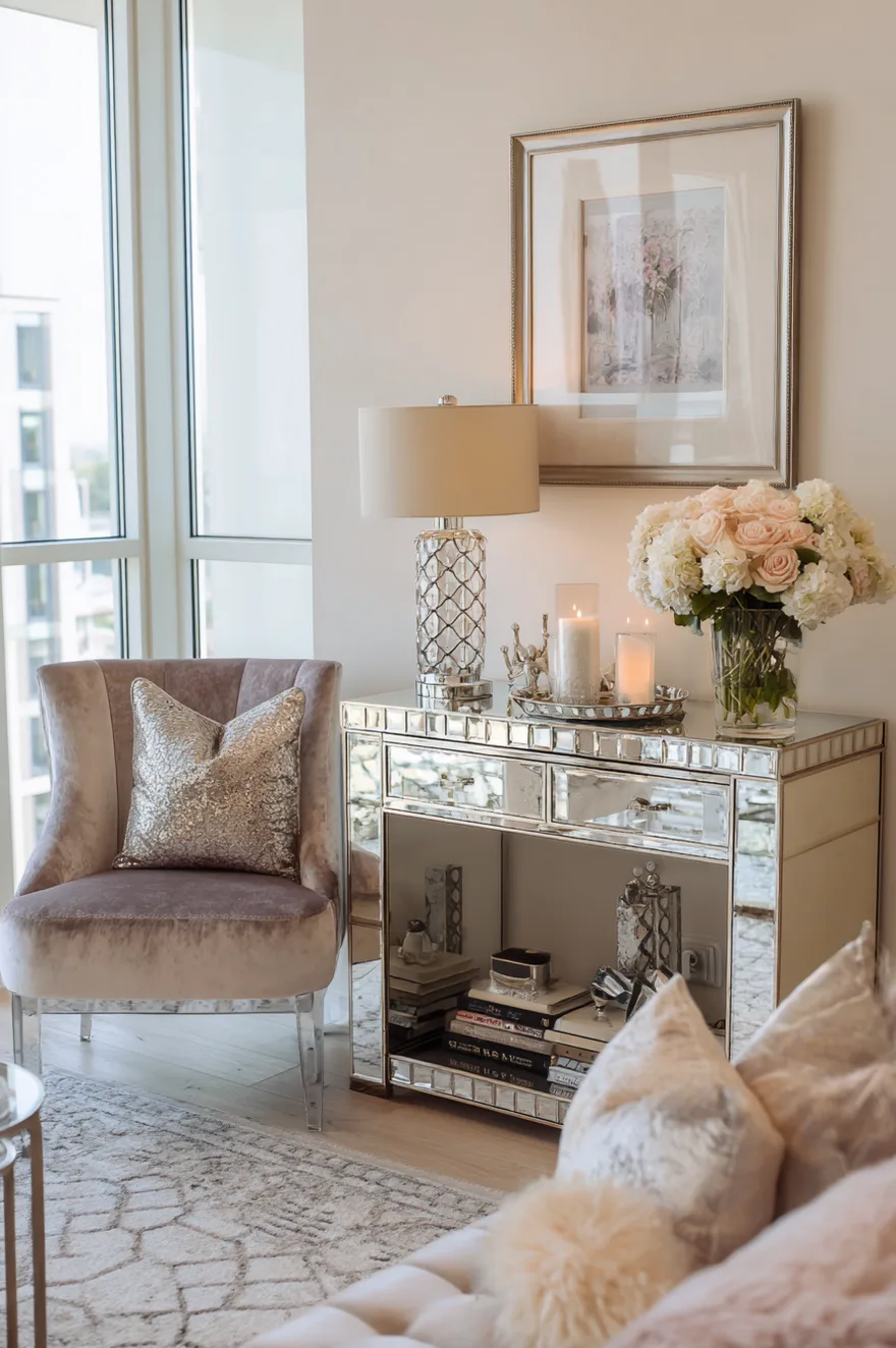 Glamorous entryway vignette with a mirrored console table, a soft mauve velvet armchair with clear acrylic legs, a crystal lamp, and a vase of pink roses.