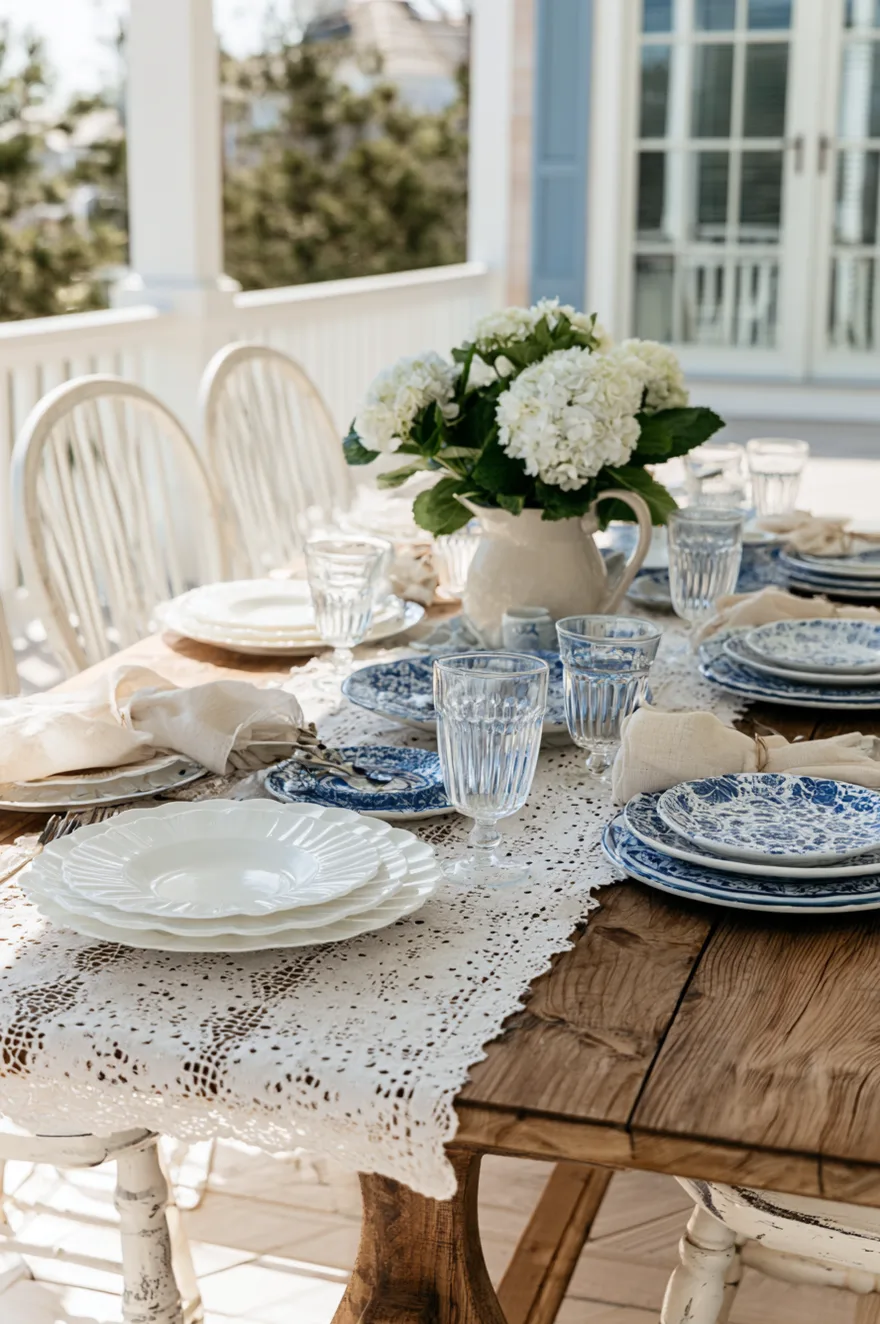 White scalloped-edge dinner plates on eyelet lace placemats, with vintage-style glassware and a centerpiece of baby's breath in a crystal vase.