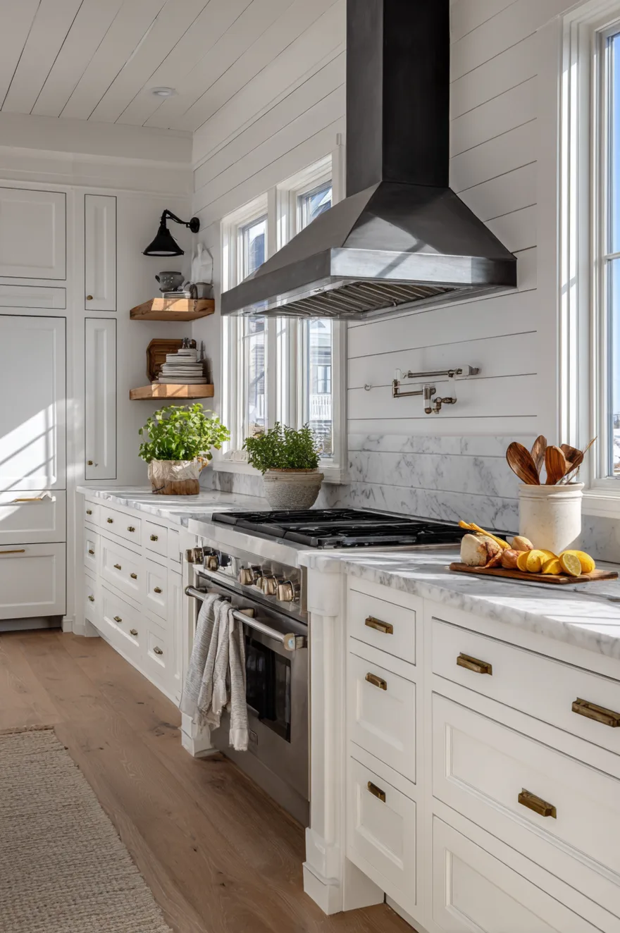 White horizontal shiplap accent wall behind a stainless steel gas range and a bold black metal range hood, complemented by white marble countertops, white cabinets with brass hardware, and floating wood shelves.