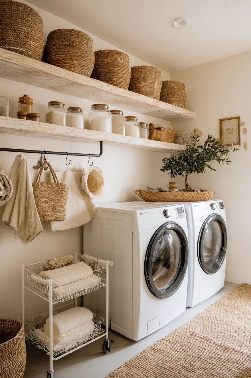 Simple laundry area with no upper cabinets, using wall hooks and a rolling cart for organization.