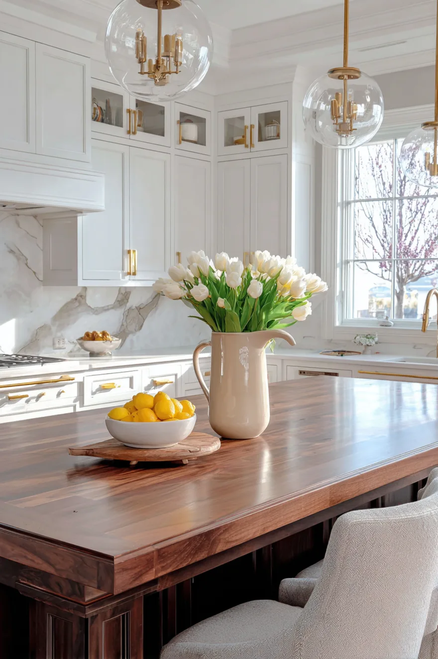 Rich dark wood kitchen island countertop holding a large cream stoneware pitcher overflowing with white tulips, alongside a matching wood bowl piled high with bright yellow lemons on a small wooden cutting board riser.