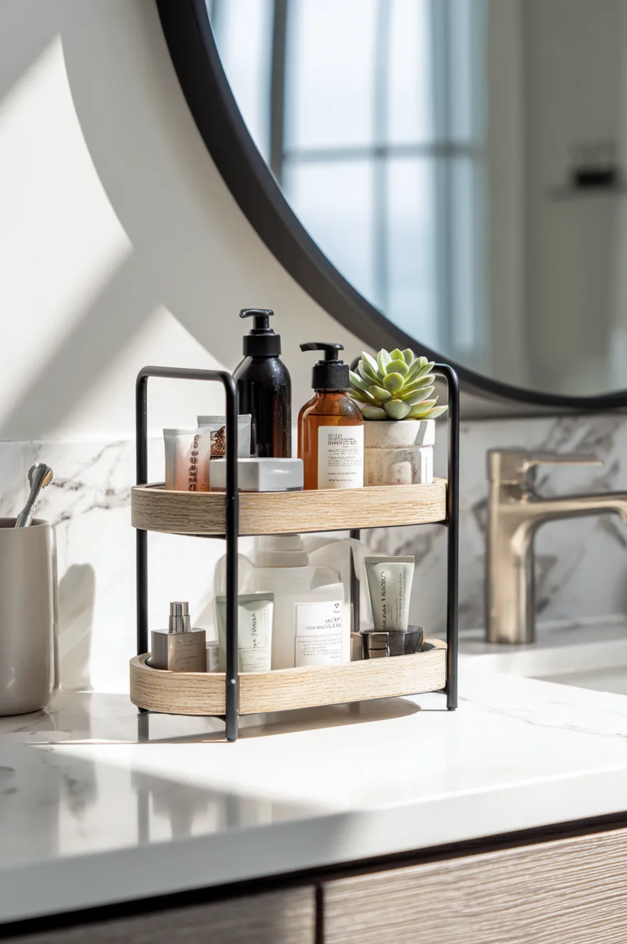 A two-tier wood and black metal stand on a white marble bathroom counter organizing skincare products, a small succulent, and lip balm.