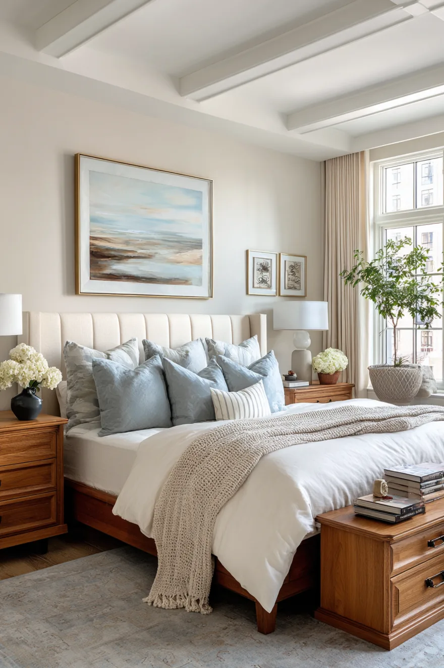 Symmetrical bedrooms ideas master layout with matching wooden nightstands and identical ceramic lamps for a balanced look.