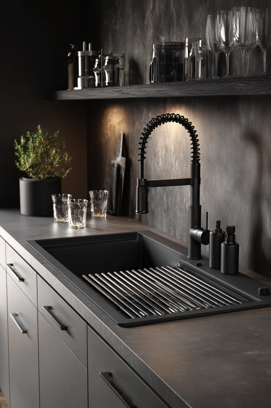 Matte black workstation kitchen sink with a black metal roll-up drying rack and a black spring-neck faucet, installed in dark grey countertops with dark grey cabinetry.