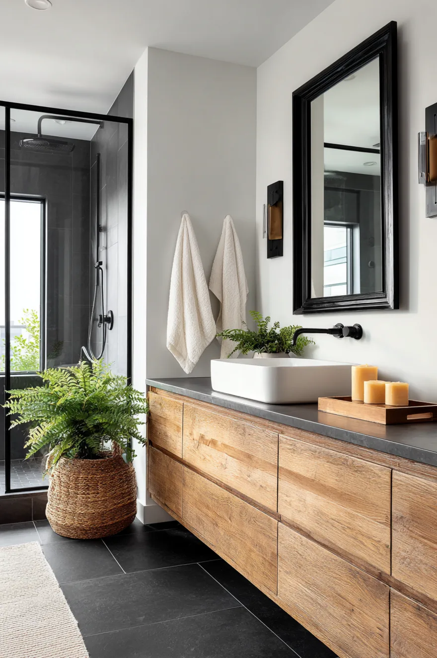 Matte black rectangular floor tiles in a moody bathroom featuring a warm wood floating vanity with a dark grey countertop, a white rectangular vessel sink, black wall-mounted fixtures, and a large fern in a woven basket.