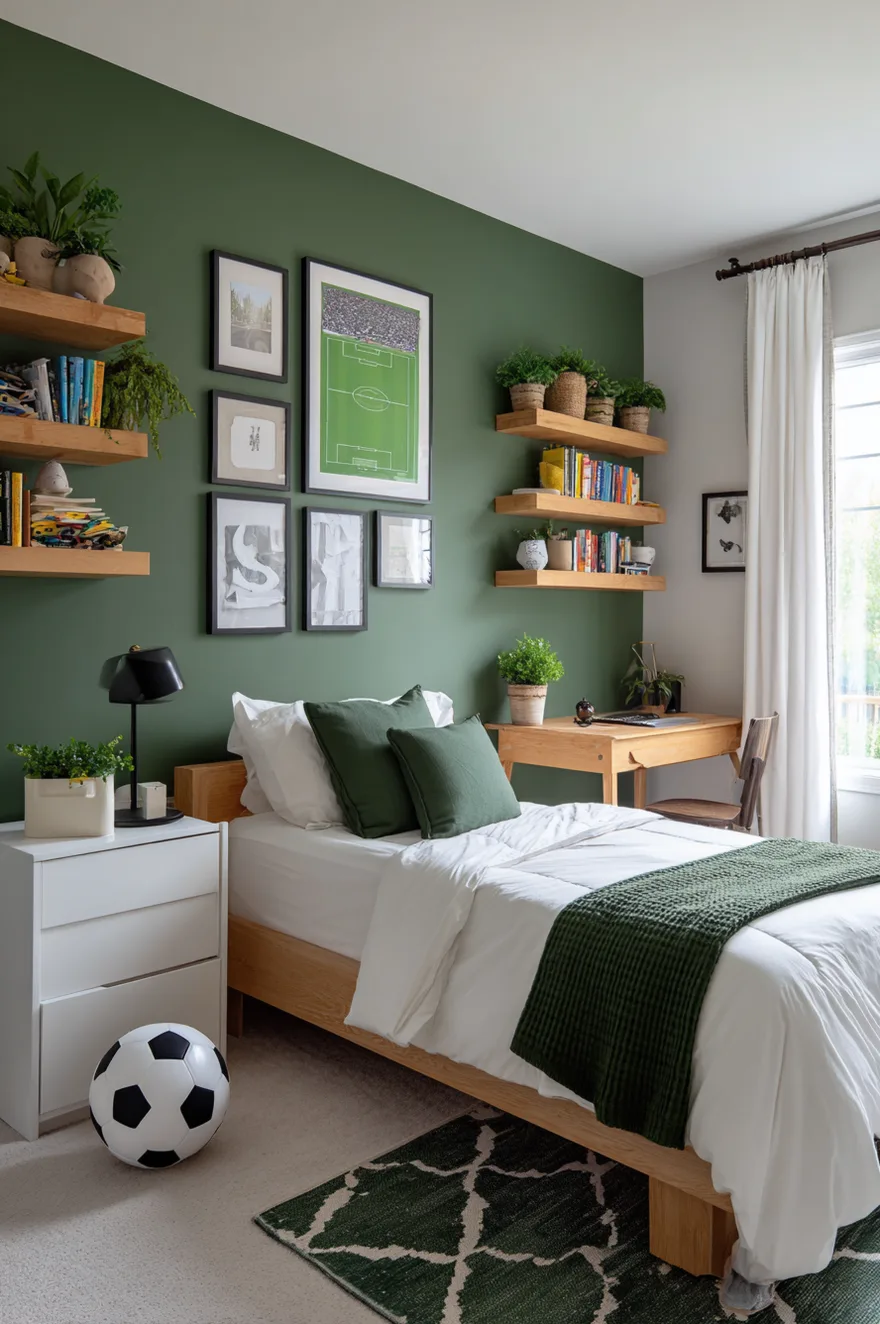 Boys bedroom with a rich forest green accent wall, a light wood bed with white bedding and a green throw blanket, floating wood shelves holding books and plants, and framed soccer field artwork.