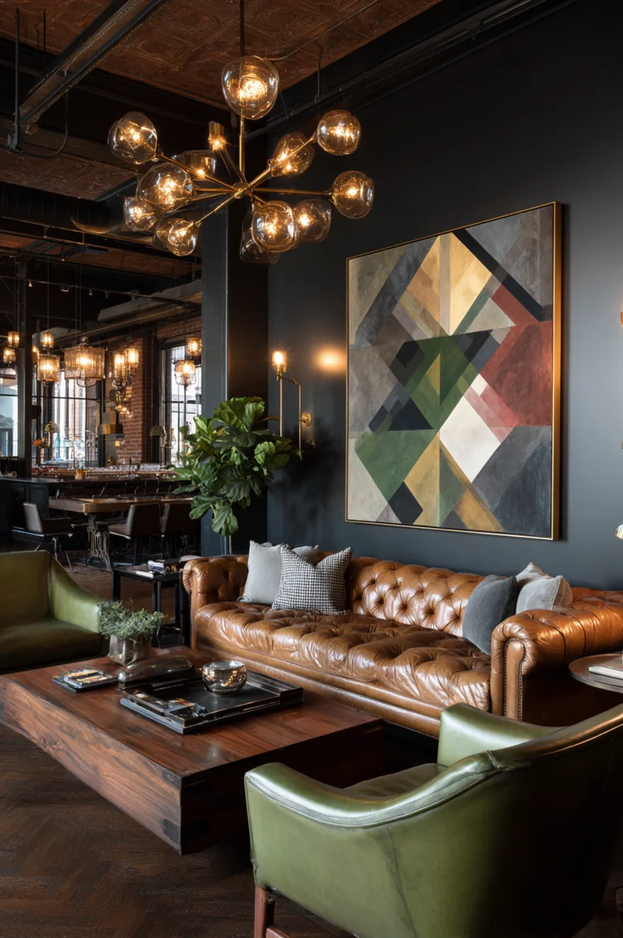 A classic brass arc floor lamp bending over a living room seating area, accompanied by a small ceramic table lamp resting on a teak side table.