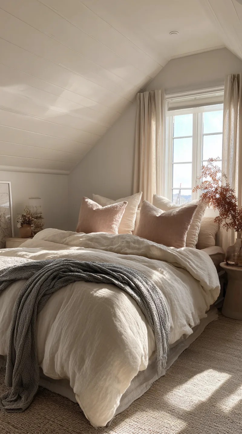 Attic bedroom painted in warm white with a large window and linen bedding in soft peach and cream tones.