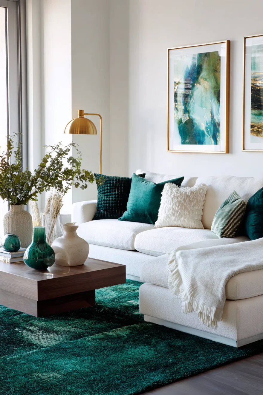 A modern living room featuring a bright emerald green area rug under a white sofa decorated with matching dark green velvet pillows and a dark wood coffee table.