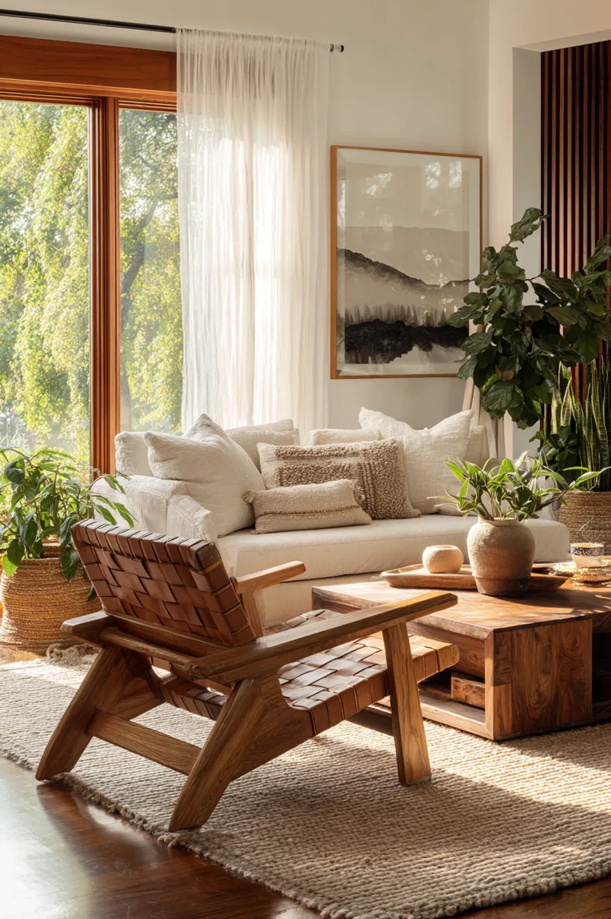 Two mid-century modern lounge chairs with warm wood frames and woven leather strap seats positioned across from a neutral sofa on a large beige area rug.