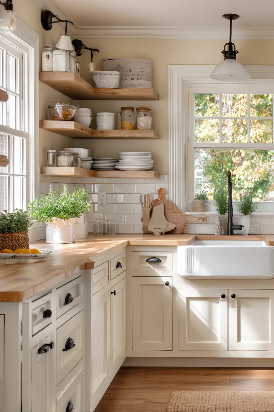 Modern farmhouse kitchen with accessible beige walls, white cabinets, and black metal lantern pendants.