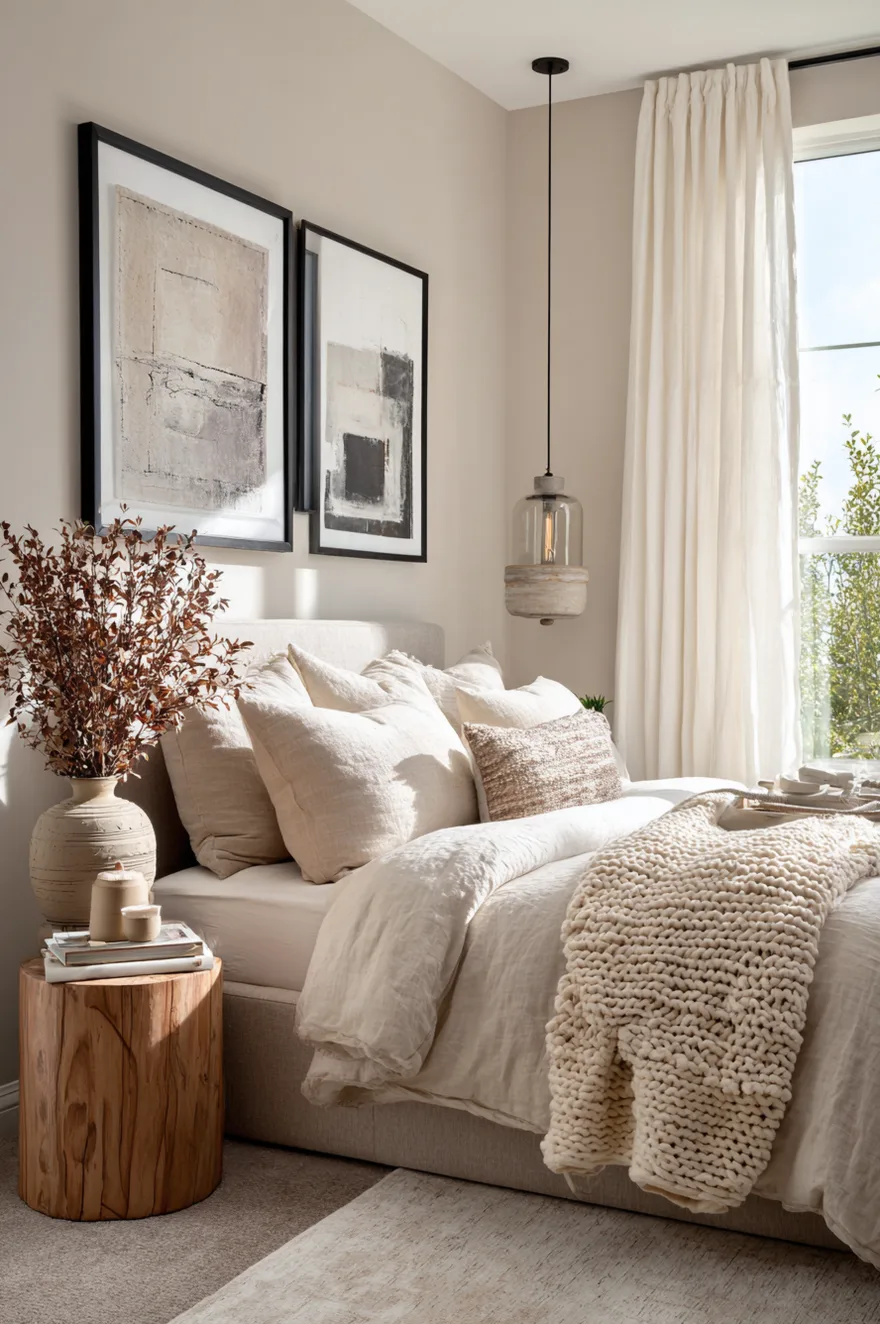 A boho chic bedroom with greige walls, featuring a bed dressed in linen and a chunky knit throw, a natural wood stump nightstand, and a glass pendant light hanging from the ceiling.