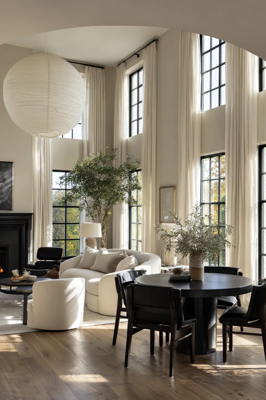 An open concept living area transitioning from a beige living room setup into a dining space anchored by a sleek black dining table and chairs.