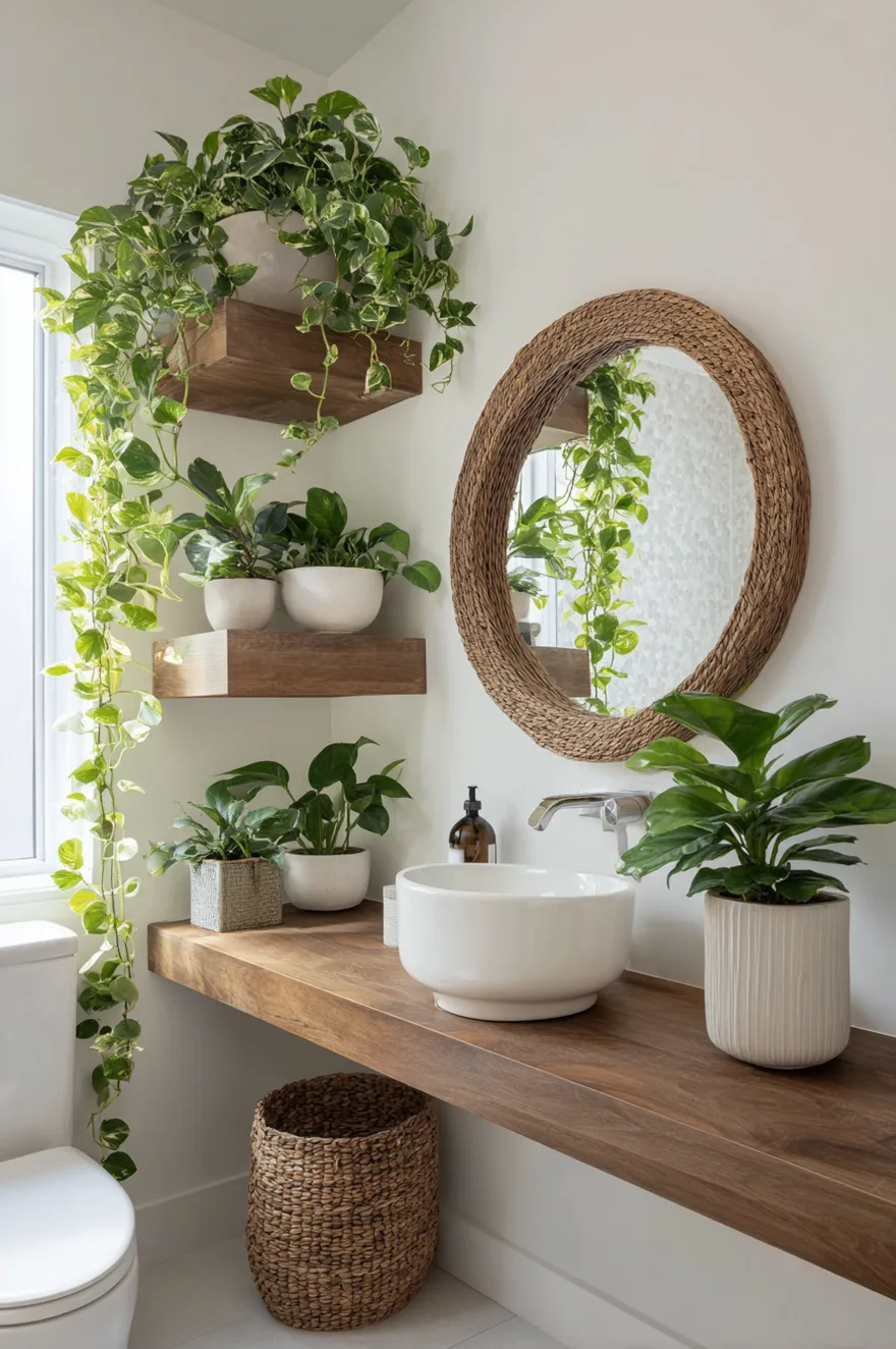 A bright bathroom filled with lush green plants on floating wood shelves and a wooden counter, featuring a round jute-framed mirror and a white bowl sink.