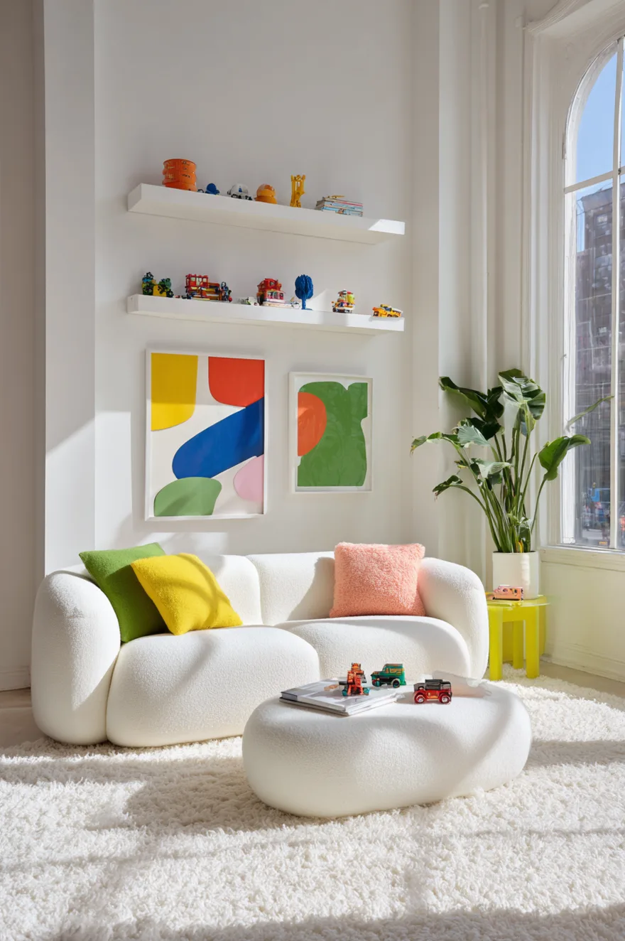 Bright white living room with colorful primary accents like a yellow chair and geometric art.