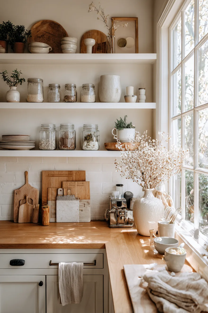White open shelves styled with glass jars, ceramic vases, and wooden cutting boards in a sunlit corner.
