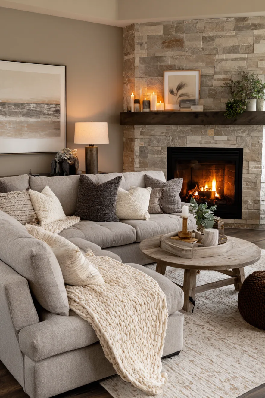 Light grey sectional sofa layered with dark charcoal and cream pillows and a thick knit throw, arranged around a round rustic wood coffee table in front of a stone fireplace with a glowing fire.