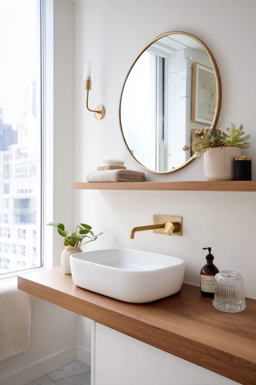 Round gold mirror mounted above a vessel sink with a floating wood shelf running underneath for extra surface area.