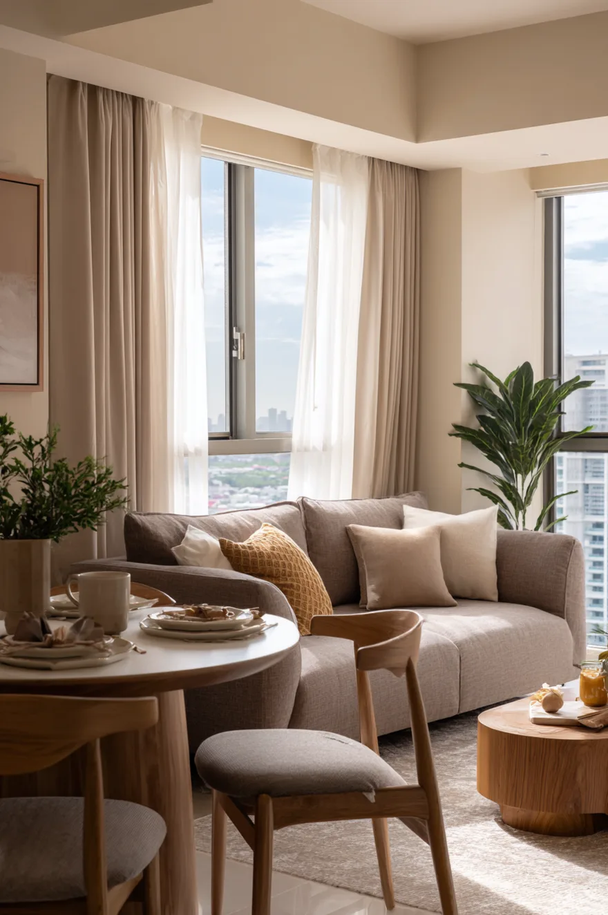 A sunlit small apartment featuring a grey sofa facing away from a round wooden dining table with a set table and chairs near large windows overlooking a city.