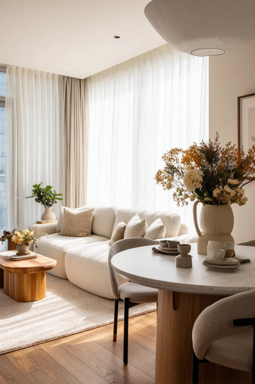 A bright apartment living and dining area showcasing a cream textured sofa, a round white dining table with grey upholstered chairs, and a large vase of dried flowers.