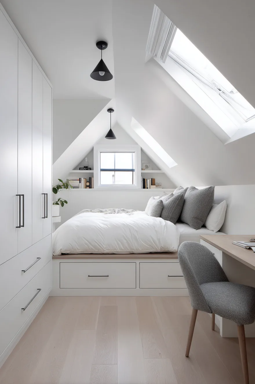 A narrow white attic room featuring a built-in bed with storage drawers tucked under a slanted ceiling with two skylights, flanked by built-in wardrobes and a desk.