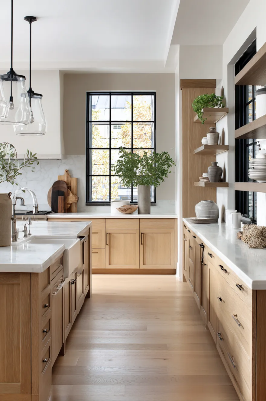 Kitchen layout without upper cabinets, featuring light wood lower cabinets, a white countertop, a black framed window, and floating wood shelves displaying pottery and plants on the right.