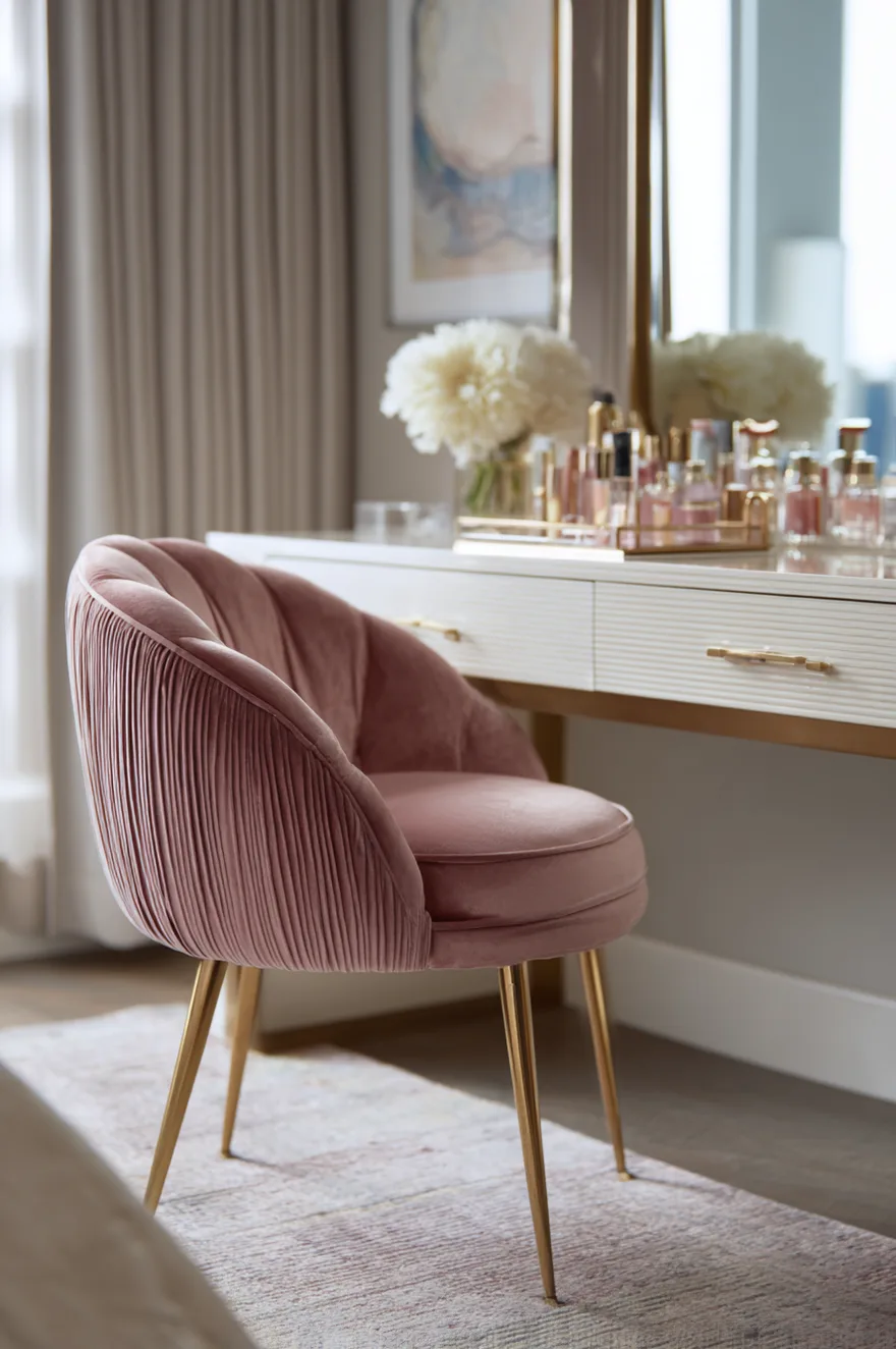 Blush pink pleated velvet upholstered chair with gold metal legs tucked into a white fluted vanity desk featuring gold hardware, topped with a gold tray of perfumes and white flowers.