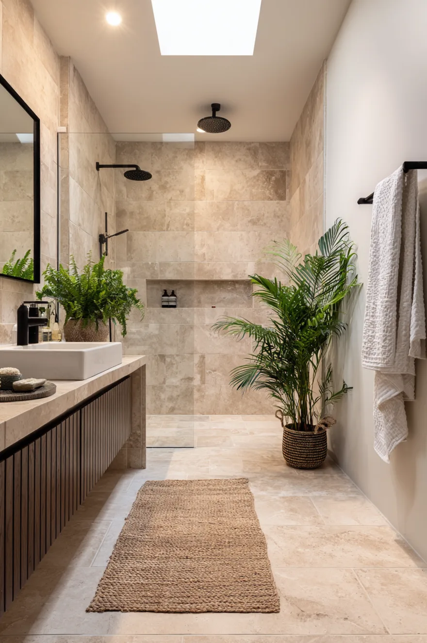 Doorless walk in shower with a single glass pane and black shower fixtures, surrounded by warm beige stone tile next to a ribbed wood vanity and a large potted green plant.