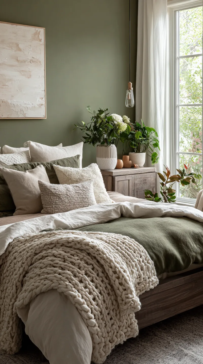 Calming teen bedroom painted in soft sage green with many potted plants, wooden shelves, and cream bedding.