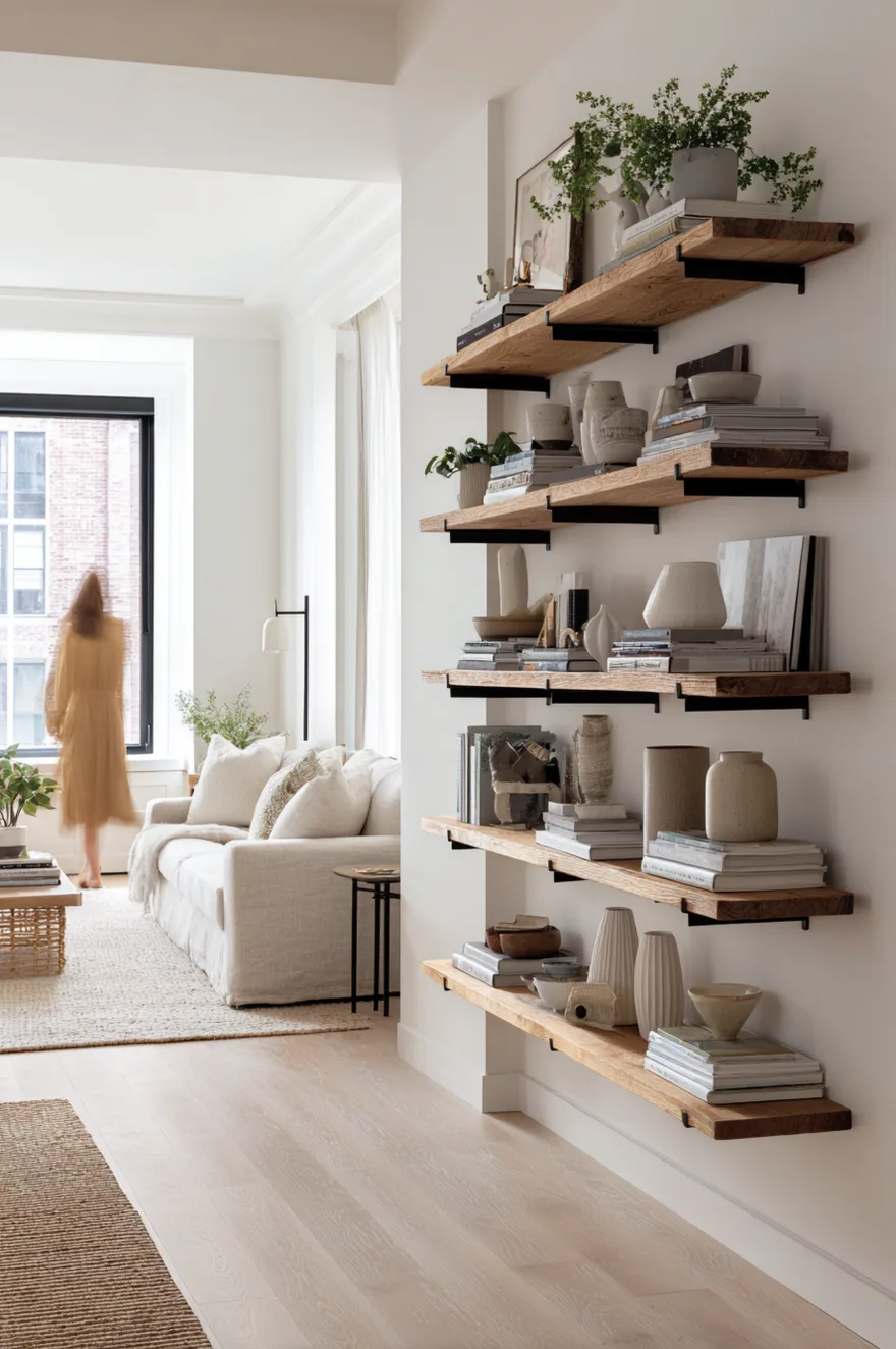 IKEA floating shelves upgraded with chunky blackened steel shelf brackets holding curated books, small plants, and ceramics on white walls above a linen sofa with a natural woven rug.