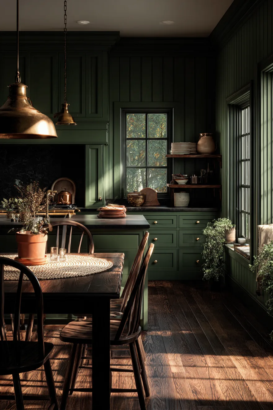 Deep walnut bentwood dining chairs against a forest green shiplap wall with dark wide-plank floors, brass pendant lights, and a trailing terracotta plant.