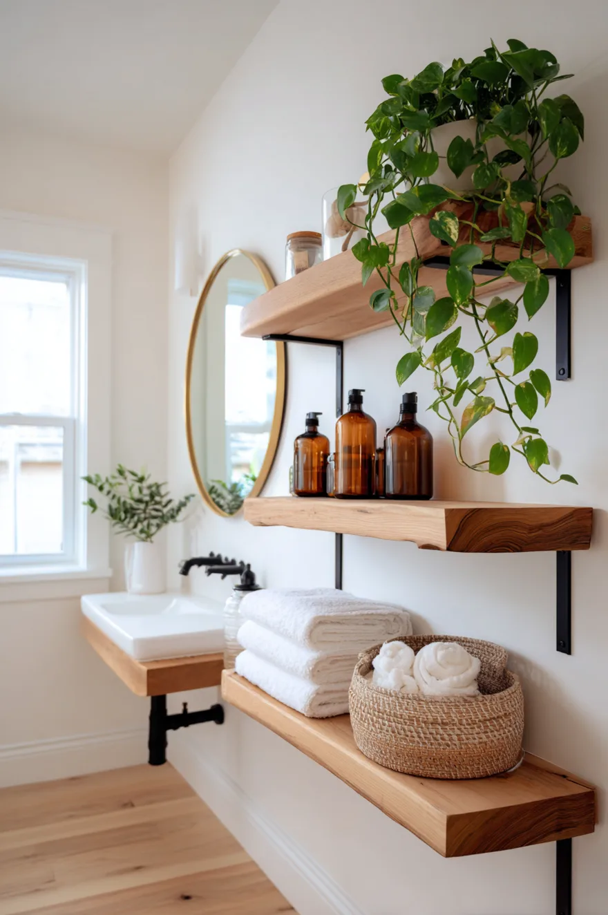 Two tiers of live-edge pine open shelving on matte black iron brackets in a farmhouse bathroom holding white Turkish towels, a trailing pothos, and amber glass apothecary jars beside a white sink.
