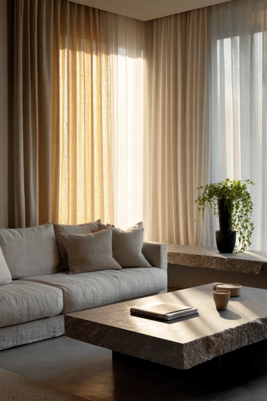 Organic minimalist living room with polished concrete floors, floor-to-ceiling unbleached linen curtains, raw-edge stone console, undyed linen sofa, and a trailing pothos in a matte black pot.