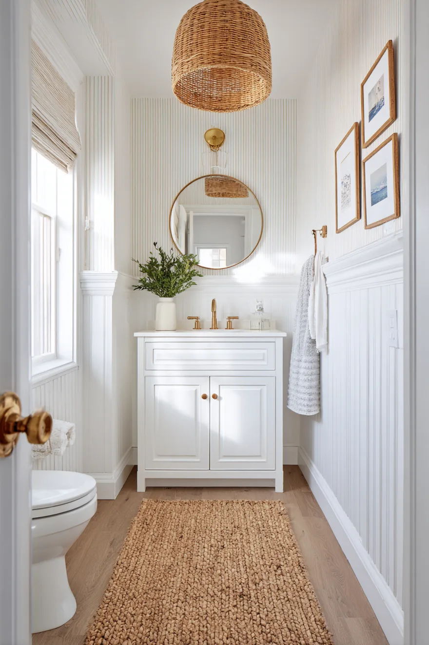 Powder room with cream DIY fluted MDF wall panels, two-door vanity with unlacquered brass pulls, rattan pendant light, and a round wood-framed mirror.