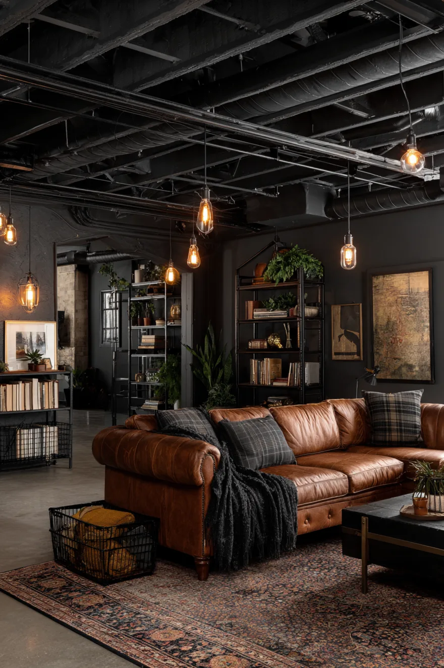 Industrial basement with exposed ceiling joists, pipes, and ductwork all painted flat black, vintage leather sofa, worn Persian rug, and Edison pendant lights.