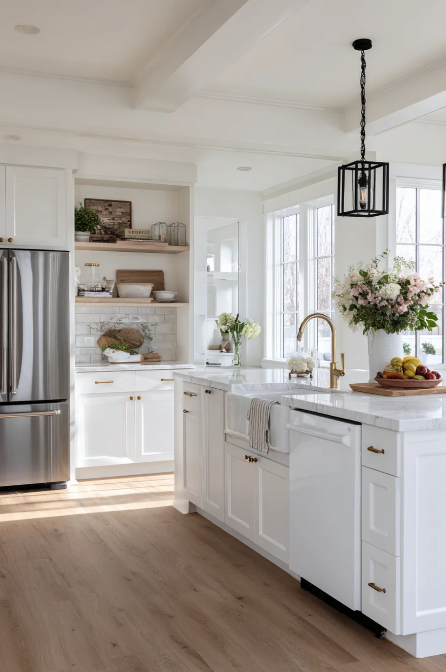White kitchen island featuring a white apron-front farmhouse sink and a seamlessly integrated white dishwasher panel alongside it, topped with white marble countertops and a polished brass faucet under a black pendant light.