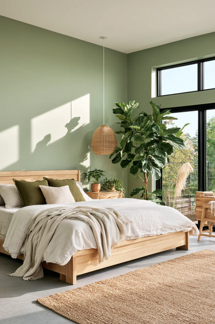 Bedroom with sage green painted walls, a light oak bed frame with white sheets and olive green accent pillows, a woven rattan pendant light, and a tall fiddle-leaf fig tree next to a large window.