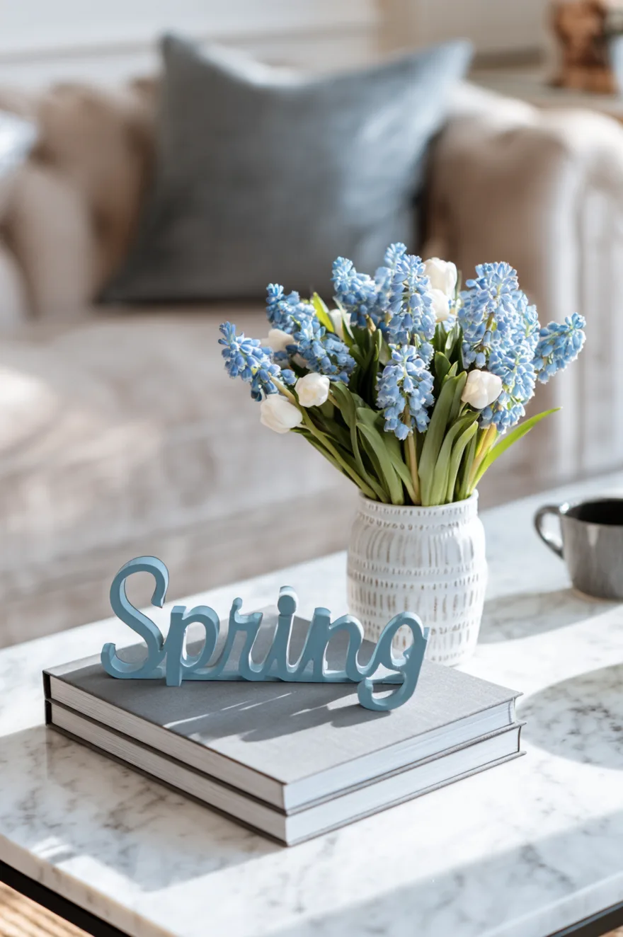 Mini chalkboard sign with a hand lettered Bloom message next to a pitcher of pink tulips.