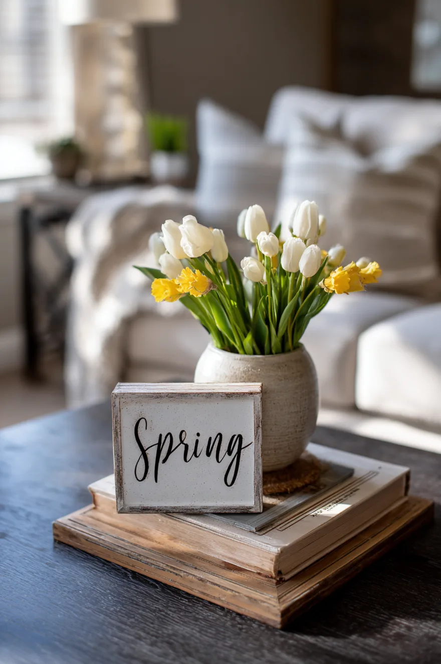Small wooden Hello Spring sign leaning against a vase of bright yellow daffodils on a coffee table.