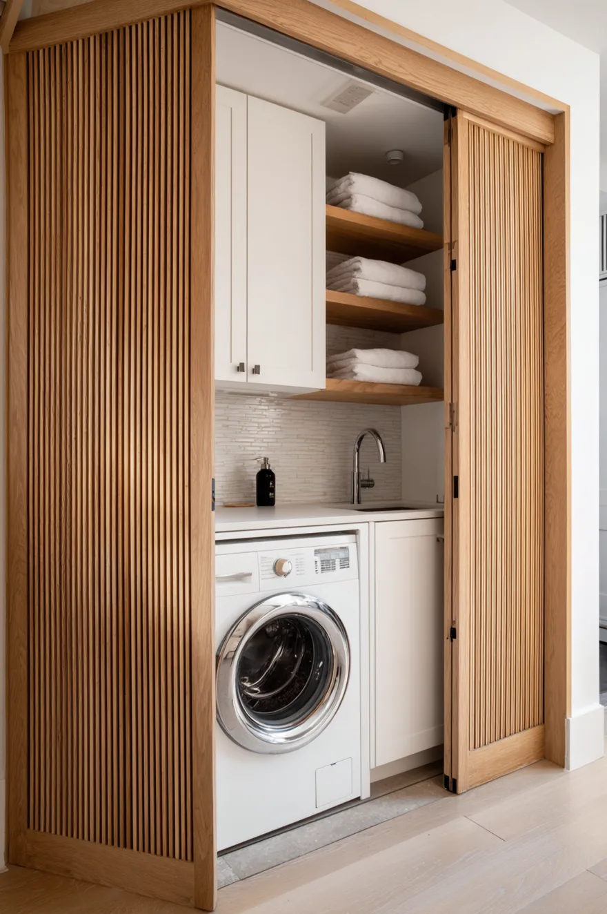 Natural wood slatted bifold doors partially open to reveal a hidden laundry closet with white machines.