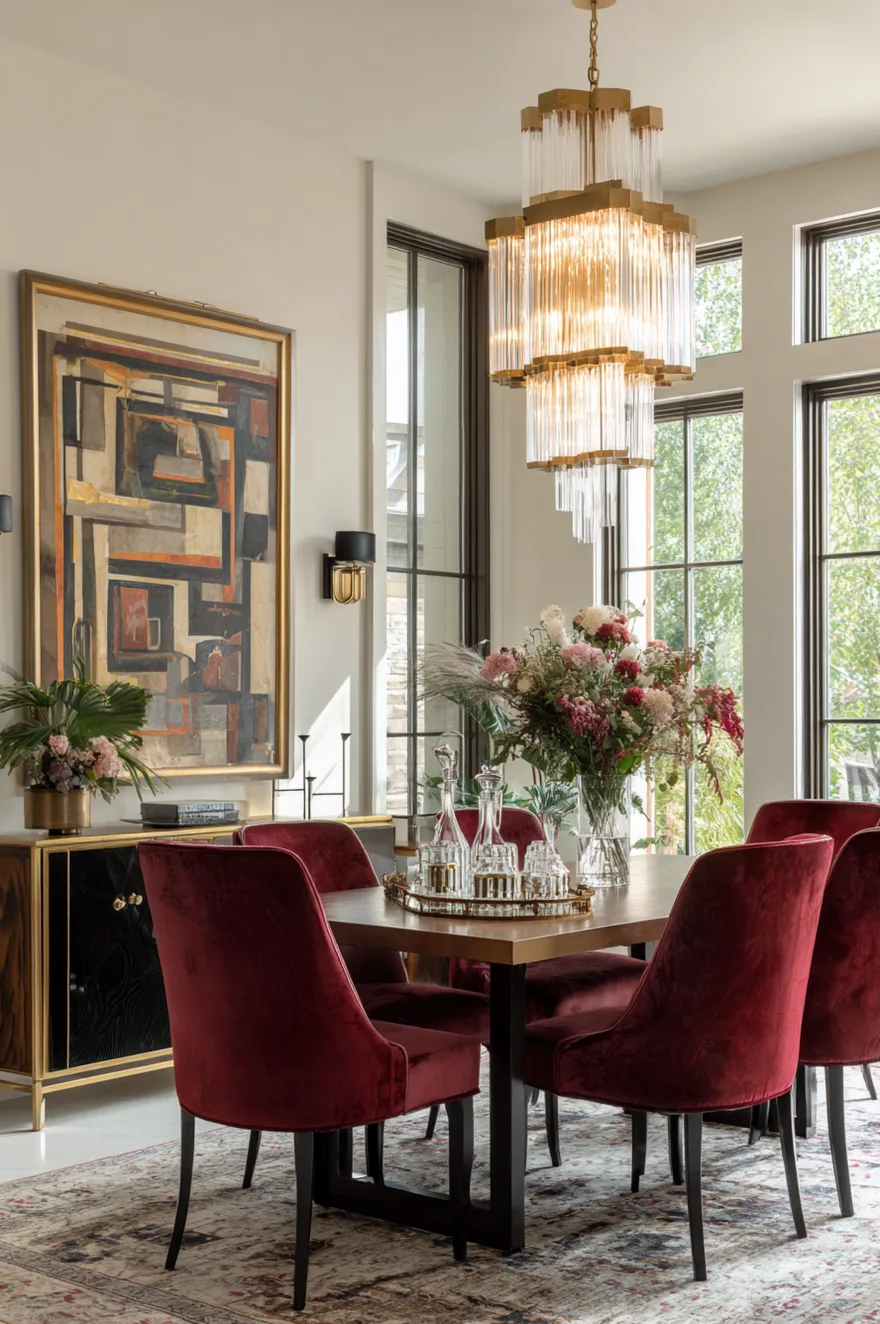 Dining room featuring a large three-tier glass and brass geometric chandelier over a wood dining table surrounded by deep burgundy velvet chairs.