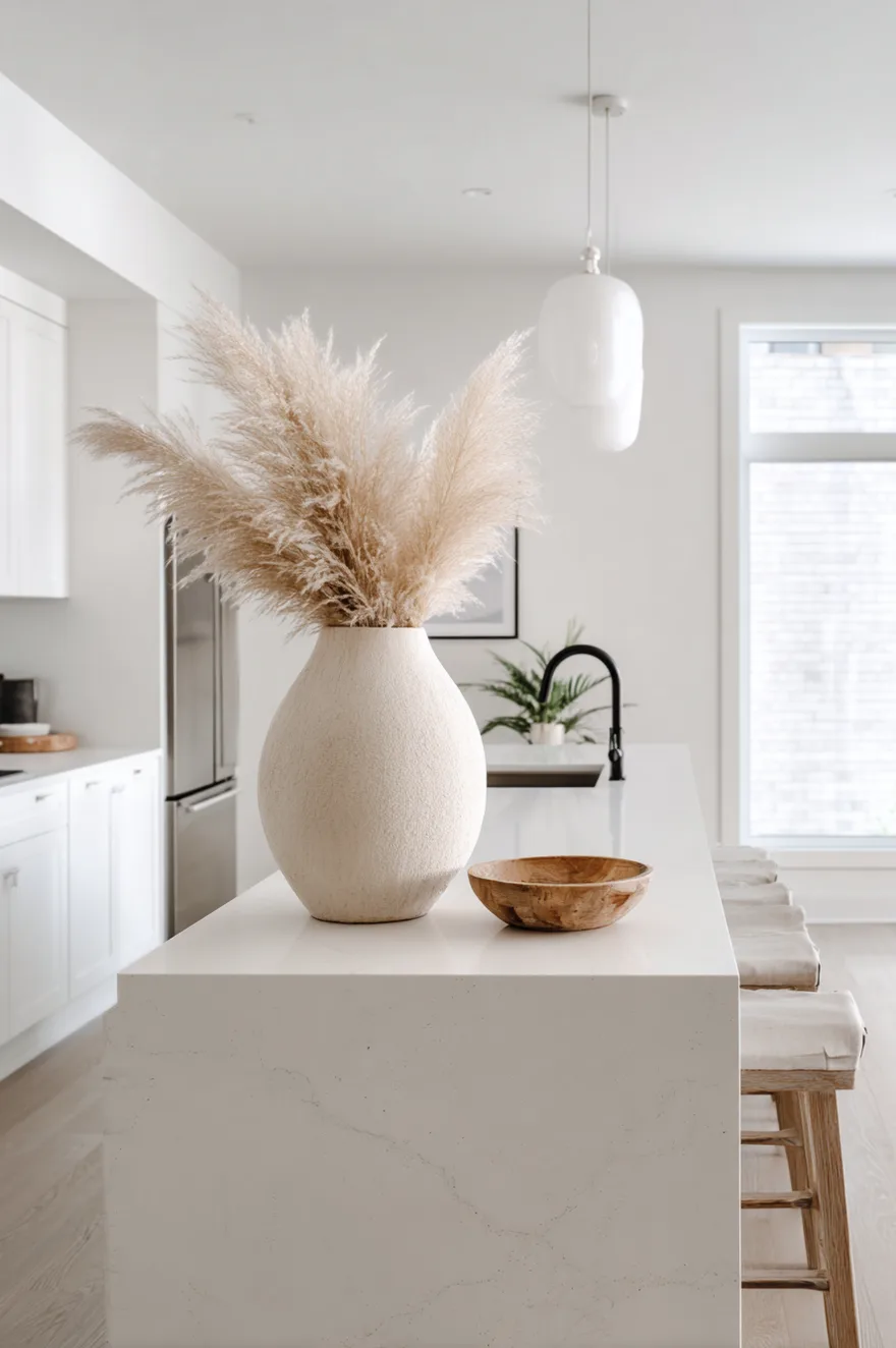 Clean white waterfall marble kitchen island with a massive, textured matte cream ceramic vase filled with a large bundle of fluffy beige pampas grass next to a small, shallow rustic wooden bowl.