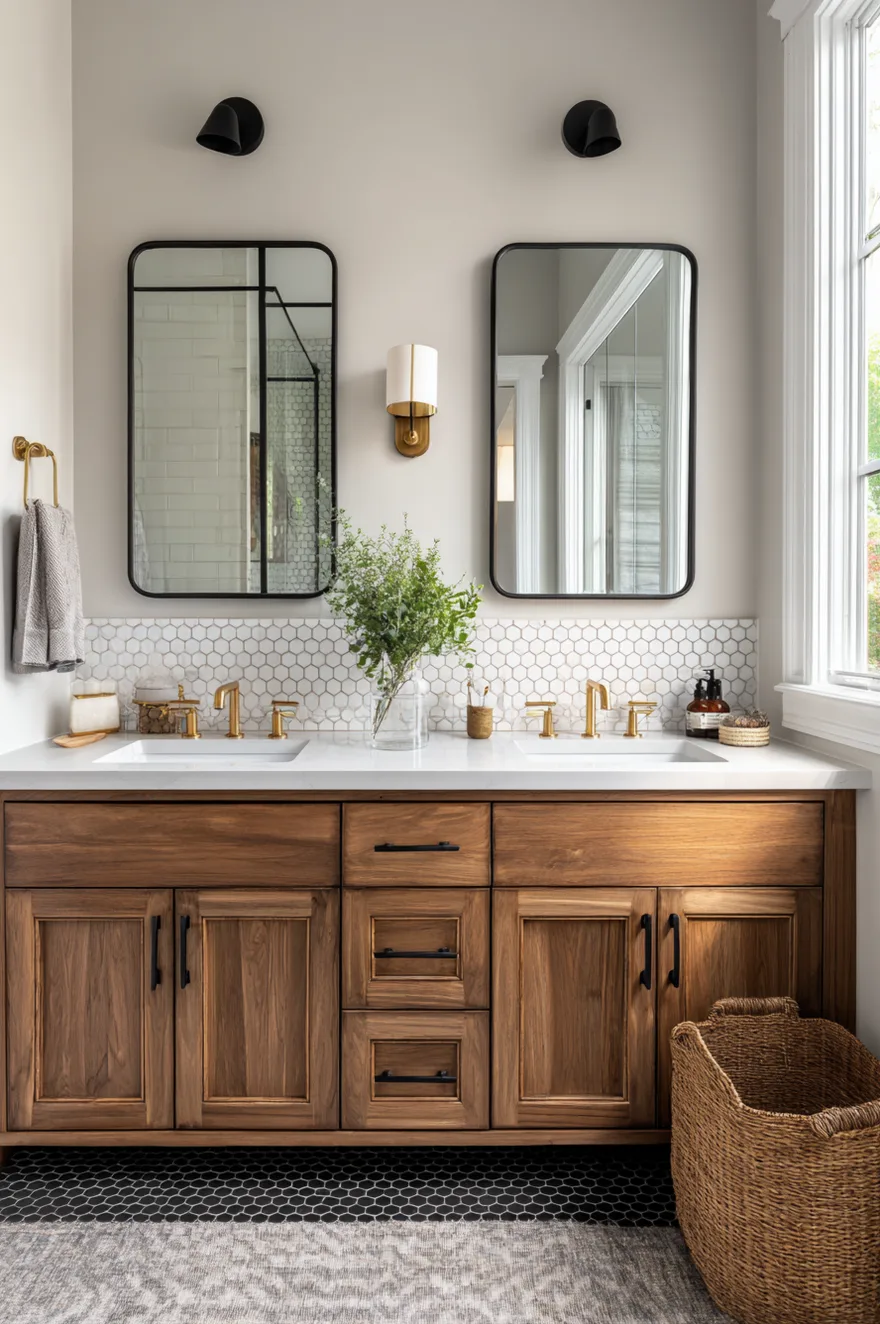 A bathroom double vanity made of warm wood with black drawer pulls, featuring a white countertop with brass faucets, white hexagon backsplash tiles, and two black framed rectangular mirrors under black wall sconces.
