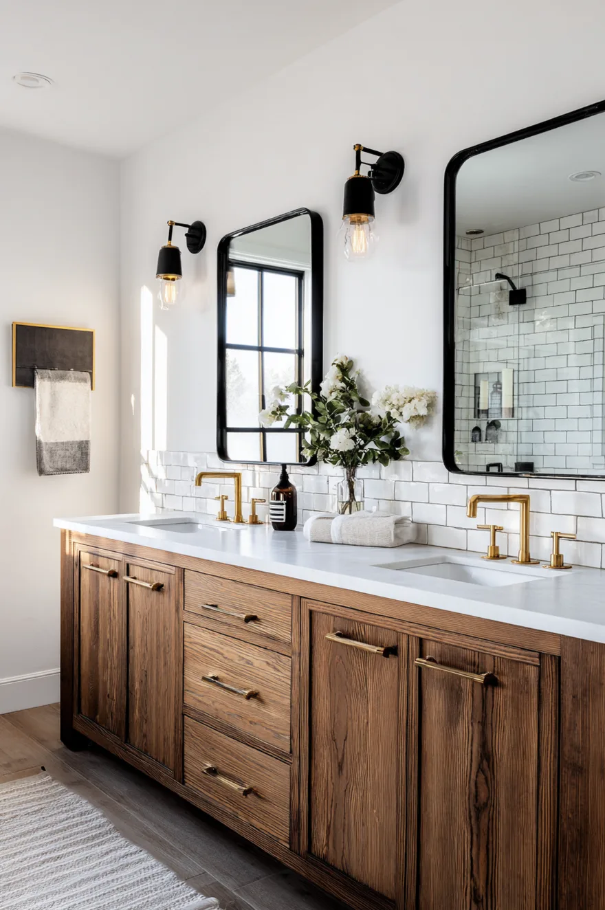 A bright bathroom with a wood double vanity showcasing brass faucets and hardware against a white subway tile backsplash, complemented by black framed mirrors and black wall sconces.