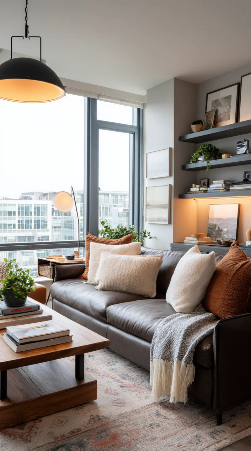 Renter friendly plug in pendant light hanging from a ceiling hook over a small apartment seating area.